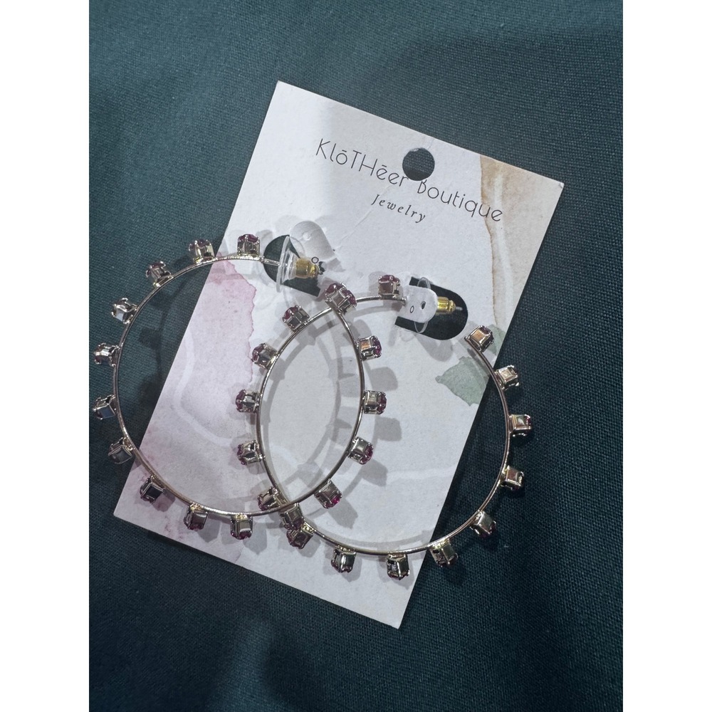 KloTheer Boutique Silver Tone Pink Rhinestone Large Hoop Earrings New